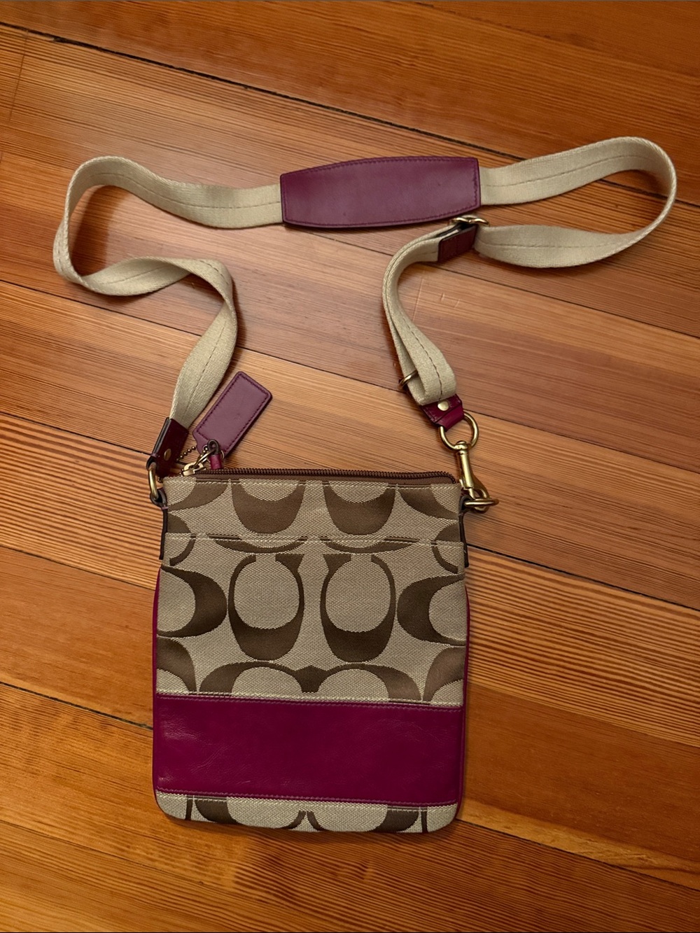 Coach Khaki Signature Canvas Crossbody with Burgundy  Leather Trim